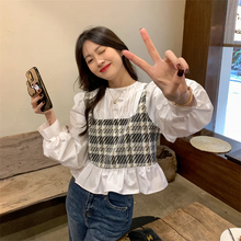 画像をギャラリービューアに読み込む, 韓国スタイル ステッチ フェイク ツーピース ロング スリーブ シャツ フレンチ ロング スリーブ トップ