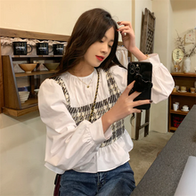画像をギャラリービューアに読み込む, 韓国スタイル ステッチ フェイク ツーピース ロング スリーブ シャツ フレンチ ロング スリーブ トップ
