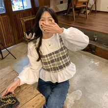 画像をギャラリービューアに読み込む, 韓国スタイル ステッチ フェイク ツーピース ロング スリーブ シャツ フレンチ ロング スリーブ トップ