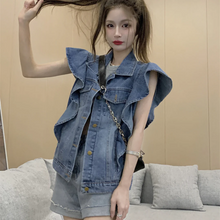 画像をギャラリービューアに読み込む, スタイリッシュなノースリーブベスト肩フリル デニム ベスト ジャケット アウター ノースリーブ デニムジャケット ジレ ウォッシュ
