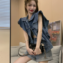 画像をギャラリービューアに読み込む, スタイリッシュなノースリーブベスト肩フリル デニム ベスト ジャケット アウター ノースリーブ デニムジャケット ジレ ウォッシュ