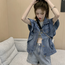 画像をギャラリービューアに読み込む, スタイリッシュなノースリーブベスト肩フリル デニム ベスト ジャケット アウター ノースリーブ デニムジャケット ジレ ウォッシュ
