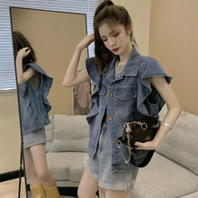 画像をギャラリービューアに読み込む, スタイリッシュなノースリーブベスト肩フリル デニム ベスト ジャケット アウター ノースリーブ デニムジャケット ジレ ウォッシュ