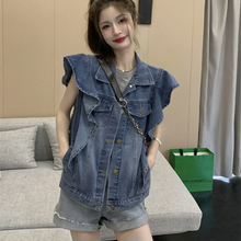 画像をギャラリービューアに読み込む, スタイリッシュなノースリーブベスト肩フリル デニム ベスト ジャケット アウター ノースリーブ デニムジャケット ジレ ウォッシュ