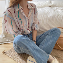 画像をギャラリービューアに読み込む, 長袖 シャツ 柄シャツ ランダムウェーブ柄 配色 ストライプ柄 リップル生地 レデイーズ