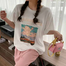画像をギャラリービューアに読み込む, カジュアルラウンドネック油絵風デザイン大きい半袖Tシャツ