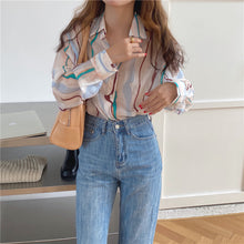 画像をギャラリービューアに読み込む, 長袖 シャツ 柄シャツ ランダムウェーブ柄 配色 ストライプ柄 リップル生地 レデイーズ