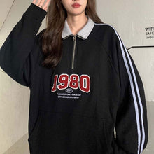 画像をギャラリービューアに読み込む, ハーフジップ長袖トレーナーゆったり刺繍ストリートトップスブラックレディース