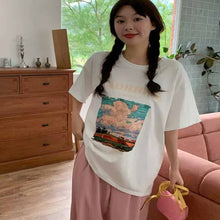 画像をギャラリービューアに読み込む, カジュアルラウンドネック油絵風デザイン大きい半袖Tシャツ