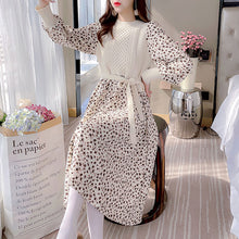 画像をギャラリービューアに読み込む, 花柄ワンピ ロング丈ウエストマーク切替 長袖 ニットワンピ通勤