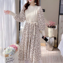 画像をギャラリービューアに読み込む, 花柄ワンピ ロング丈ウエストマーク切替 長袖 ニットワンピ通勤