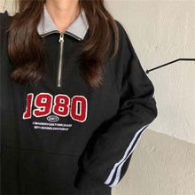 画像をギャラリービューアに読み込む, ハーフジップ長袖トレーナーゆったり刺繍ストリートトップスブラックレディース