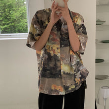 画像をギャラリービューアに読み込む, 柄シャツ セピアカラー フラワー柄 絵画風 ビッグシルエット 半袖 トップス ダンス 衣装 ヒップホップ コスチューム 韓国ファッション 個性的 服