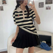 画像をギャラリービューアに読み込む, 韓国系ボーダー柄フルーツチェリー柄ポロシャツ 半袖Tシャツレデイーズ