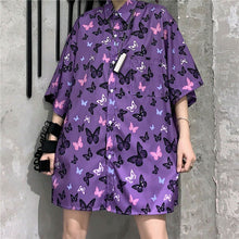 画像をギャラリービューアに読み込む, 柄シャツ バタフライ柄 蝶々 五分袖 パープル 紫 ビッグシルエット トップス ダンス 衣装 ヒップホップ コスチューム 韓国ファッション 大きいサイズ 個性的 服 原宿系