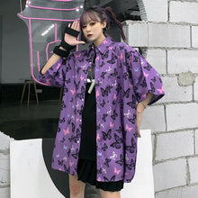 画像をギャラリービューアに読み込む, 柄シャツ バタフライ柄 蝶々 五分袖 パープル 紫 ビッグシルエット トップス ダンス 衣装 ヒップホップ コスチューム 韓国ファッション 大きいサイズ 個性的 服 原宿系