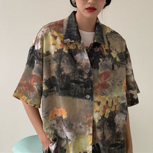 画像をギャラリービューアに読み込む, 柄シャツ セピアカラー フラワー柄 絵画風 ビッグシルエット 半袖 トップス ダンス 衣装 ヒップホップ コスチューム 韓国ファッション 個性的 服
