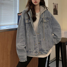 画像をギャラリービューアに読み込む, ゆったりシンプルトップスコートジャケット フード付き デニムアウター韓国風