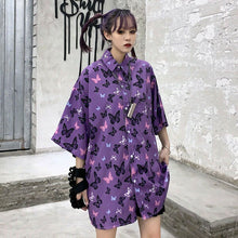 画像をギャラリービューアに読み込む, 柄シャツ バタフライ柄 蝶々 五分袖 パープル 紫 ビッグシルエット トップス ダンス 衣装 ヒップホップ コスチューム 韓国ファッション 大きいサイズ 個性的 服 原宿系