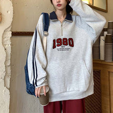 画像をギャラリービューアに読み込む, ハーフジップ長袖トレーナーゆったり刺繍ストリートトップスブラックレディース