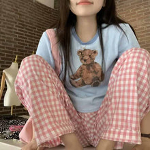 画像をギャラリービューアに読み込む, かわいいチェック柄くま ショート丈 Tシャツとパンツセットアップ