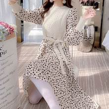 画像をギャラリービューアに読み込む, 花柄ワンピ ロング丈ウエストマーク切替 長袖 ニットワンピ通勤