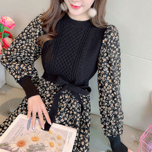 画像をギャラリービューアに読み込む, 花柄ワンピ ロング丈ウエストマーク切替 長袖 ニットワンピ通勤
