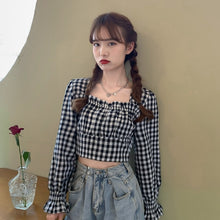 画像をギャラリービューアに読み込む, フレンチスクエアカラートップ気質ジシャツカジュアル チェックブラウス