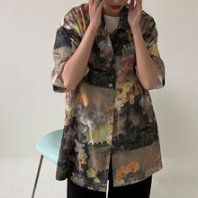 画像をギャラリービューアに読み込む, 柄シャツ セピアカラー フラワー柄 絵画風 ビッグシルエット 半袖 トップス ダンス 衣装 ヒップホップ コスチューム 韓国ファッション 個性的 服