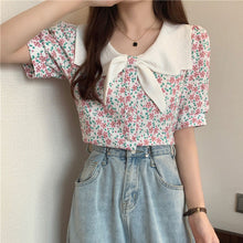 画像をギャラリービューアに読み込む, リボンボウタイ風花柄 半袖シャツ ブラウス韓国系春夏レディース