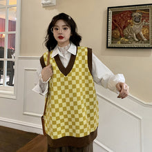 画像をギャラリービューアに読み込む, レトロチェス チェックニットベストゆったり韓国系 ガーリー