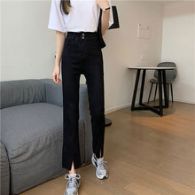 画像をギャラリービューアに読み込む, レトロ シンプル 無地 スリット ハイウエストデニムパンツボトムス