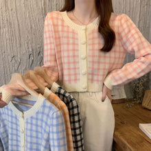 画像をギャラリービューアに読み込む, シンプルチェック柄カーディガン長袖ニットセータートップス