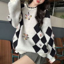 画像をギャラリービューアに読み込む, ゆったり花柄ラウンドネックニットセーターレデイース