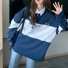 画像をギャラリービューアに読み込む, 学園風ポロカラールーズ長袖Tシャツトップス パーカートレーナー