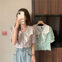 画像をギャラリービューアに読み込む, リボンボウタイ風花柄 半袖シャツ ブラウス韓国系春夏レディース