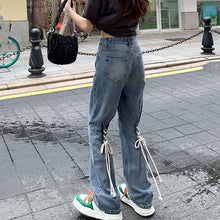 画像をギャラリービューアに読み込む, 美脚デニム ハイウエストパンツ 装飾 レースアップ ロングパンツレディース