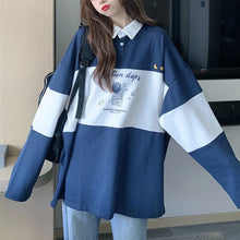 画像をギャラリービューアに読み込む, 学園風ポロカラールーズ長袖Tシャツトップス パーカートレーナー