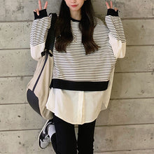 画像をギャラリービューアに読み込む, 大きいサイズストライプ柄ゆったり長袖シャツブラウストップス