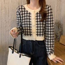 画像をギャラリービューアに読み込む, シンプルチェック柄カーディガン長袖ニットセータートップス