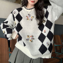 画像をギャラリービューアに読み込む, ゆったり花柄ラウンドネックニットセーターレデイース