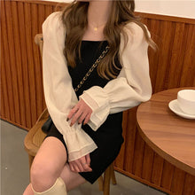 画像をギャラリービューアに読み込む, 韓国系長袖かわいいオシャレ切り替 配色Aラインワンピースレデイース
