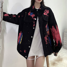 画像をギャラリービューアに読み込む, スプラッシュ柄プリントデニム ジャケットアウターコート原宿系 レディース