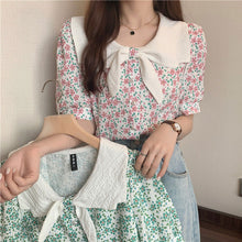 画像をギャラリービューアに読み込む, リボンボウタイ風花柄 半袖シャツ ブラウス韓国系春夏レディース