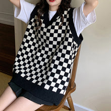 画像をギャラリービューアに読み込む, レトロチェス チェックニットベストゆったり韓国系 ガーリー
