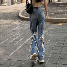 画像をギャラリービューアに読み込む, 美脚デニム ハイウエストパンツ 装飾 レースアップ ロングパンツレディース