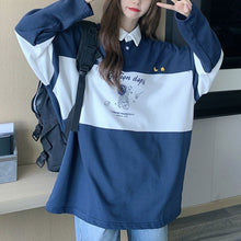 画像をギャラリービューアに読み込む, 学園風ポロカラールーズ長袖Tシャツトップス パーカートレーナー