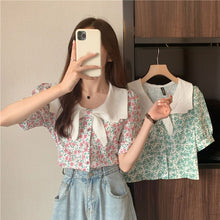 画像をギャラリービューアに読み込む, リボンボウタイ風花柄 半袖シャツ ブラウス韓国系春夏レディース