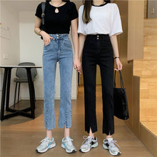 画像をギャラリービューアに読み込む, レトロ シンプル 無地 スリット ハイウエストデニムパンツボトムス