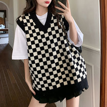 画像をギャラリービューアに読み込む, レトロチェス チェックニットベストゆったり韓国系 ガーリー